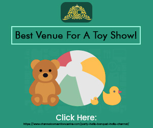 A teddy toy, big colourful ball and duck toys with the text Best Venue For A Toy Show.