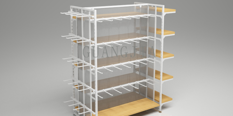 An empty display shelf with various types of partitions